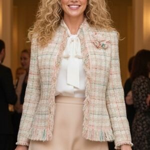 APRIORI💝CHANEL-LIKE Fringed Plaid Blazer with PRETTY PINK RIBBON TRIM Sz 10